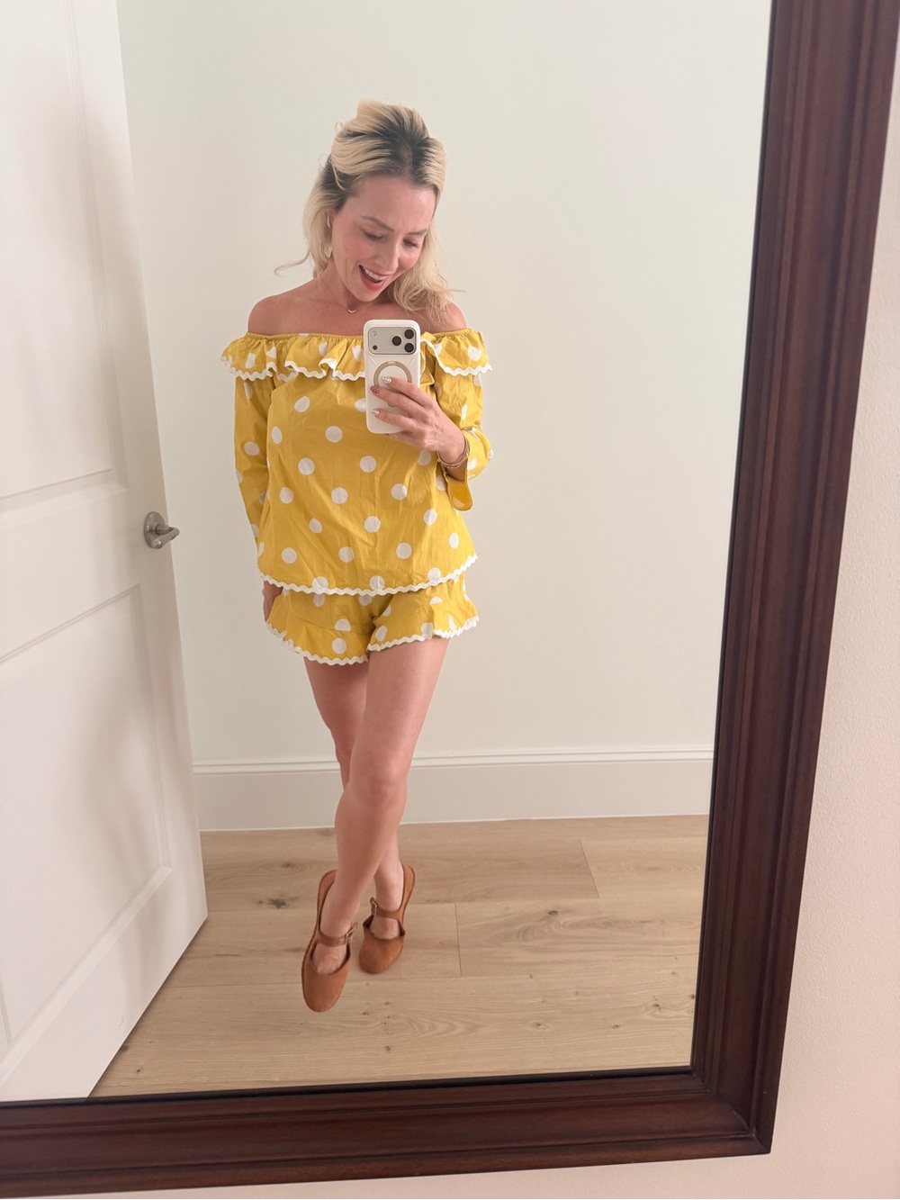 Yellow Polka Dot Ruffle Shorts — Women's Summer Lounge Shorts